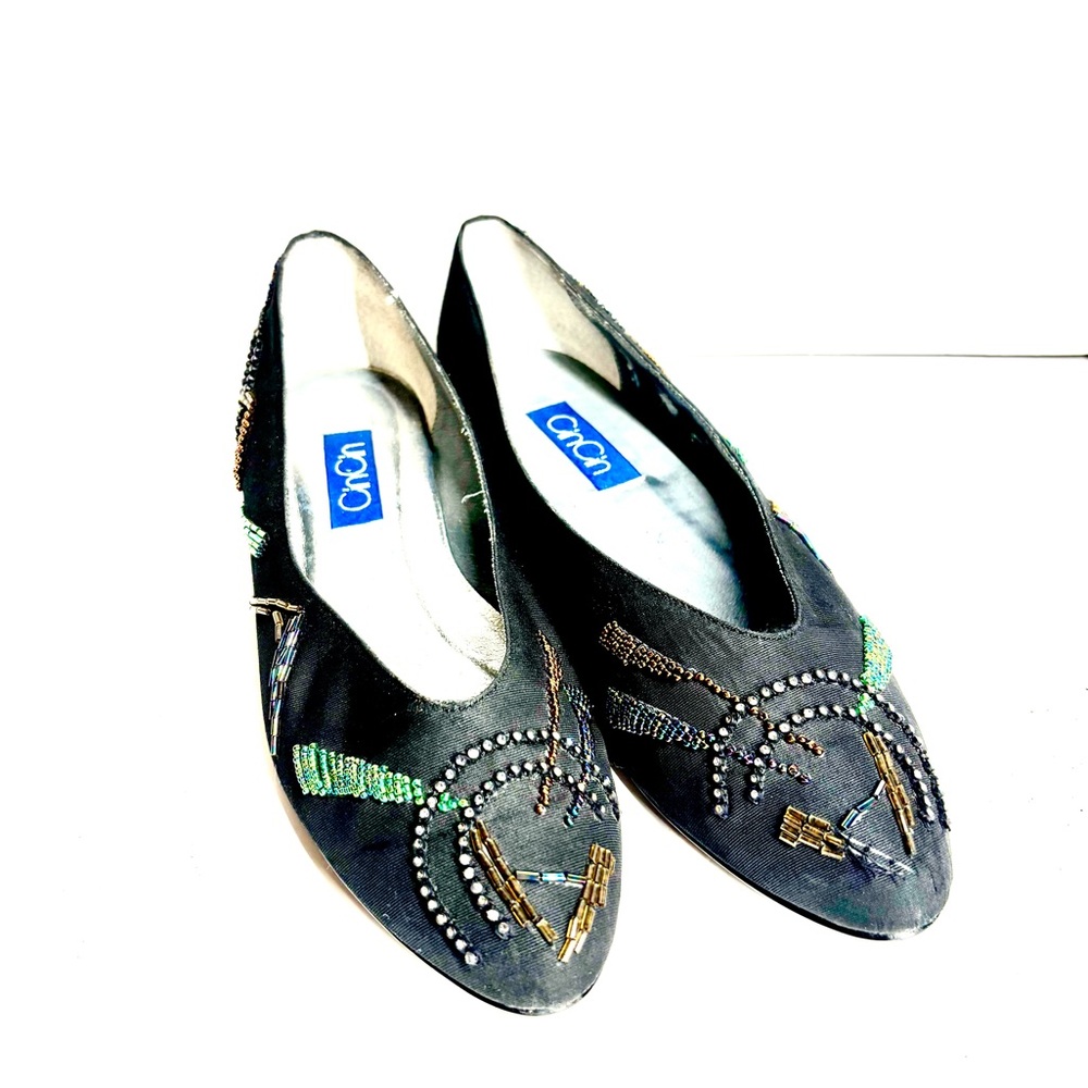 Vintage Multi Colored Beaded Embellished Ballet Flats Formal Black Satin Sz 9